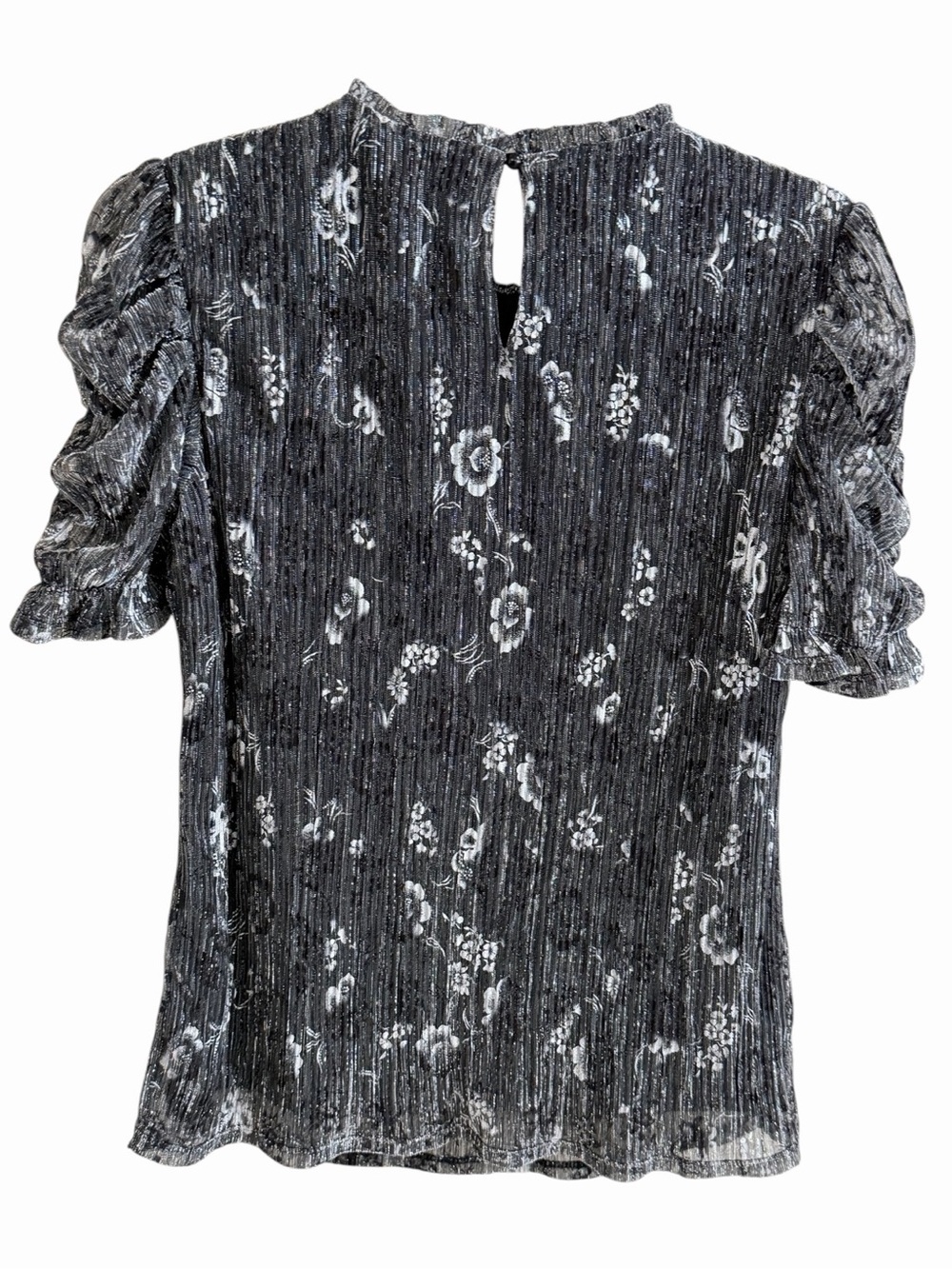 Sara Michelle Women’s Silver Metallic Floral Pleated Blouse Puff Sleeve Size S